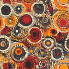 aboriginal art, dot painting, concentric circles, geometric patterns, earthy tones, rust red, burnt orange, cream beige, charcoal gray, radiating circles, indigenous design, pointillism style, tribal motifs, warm palette, cultural art, rhythmic patterns, organic shapes,, fabric panel, contemporary aboriginal