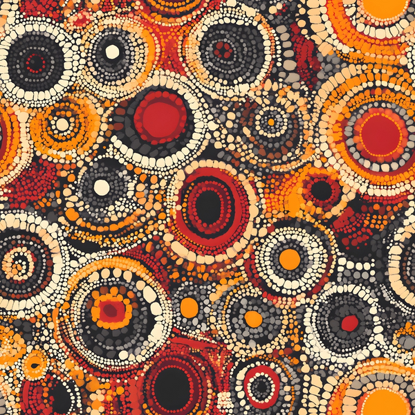 aboriginal art, dot painting, concentric circles, geometric patterns, earthy tones, rust red, burnt orange, cream beige, charcoal gray, radiating circles, indigenous design, pointillism style, tribal motifs, warm palette, cultural art, rhythmic patterns, organic shapes,, fabric panel, contemporary aboriginal