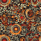aboriginal art, dot painting, concentric circles, earthy tones, orange, red, brown, cream, black, geometric patterns, indigenous design, pointillism style, tribal motifs, warm colors,, fabric panel, cultural art, circular designs, dotted texture, contemporary aboriginal