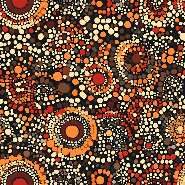 aboriginal art, dot painting, concentric circles, earthy tones, orange, red, brown, cream, black, geometric patterns, indigenous design, pointillism style, tribal motifs, warm colors,, fabric panel, cultural art, circular designs, dotted texture, contemporary aboriginal