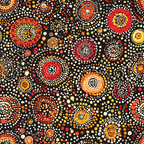 aboriginal art, dot painting, concentric circles, black background, red dots, orange dots, yellow dots, white dots, indigenous design, tribal patterns, circular motifs, pointillism style, warm colors, geometric patterns,, fabric panel, cultural art, radiating circles, scattered dots, earthy tones