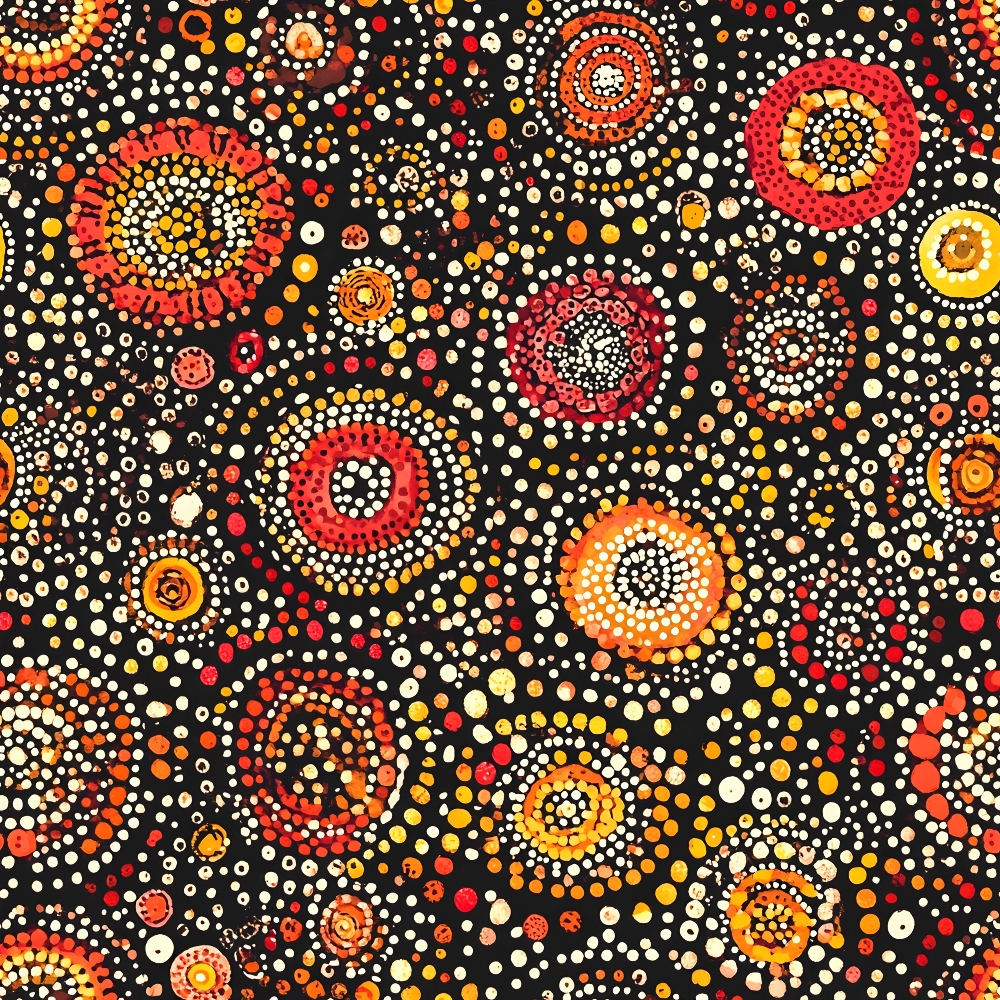 aboriginal art, dot painting, concentric circles, black background, red dots, orange dots, yellow dots, white dots, indigenous design, tribal patterns, circular motifs, pointillism style, warm colors, geometric patterns,, fabric panel, cultural art, radiating circles, scattered dots, earthy tones