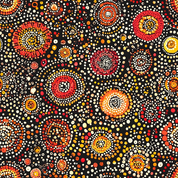 aboriginal art, dot painting, concentric circles, black background, red dots, orange dots, yellow dots, white dots, indigenous design, tribal patterns, circular motifs, pointillism style, warm colors, geometric patterns,, fabric panel, cultural art, radiating circles, scattered dots, earthy tones