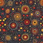 aboriginal art, dot painting, concentric circles, geometric patterns, navy background, yellow dots, red circles, orange accents, white dots, indigenous design, dreamtime motifs, pointillism style, sacred symbols, tribal patterns,, fabric panel, earthy tones, spiritual artwork, australian aboriginal, contemporary indigenous