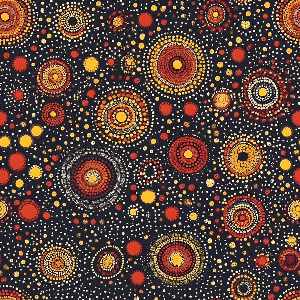 aboriginal art, dot painting, concentric circles, geometric patterns, navy background, yellow dots, red circles, orange accents, white dots, indigenous design, dreamtime motifs, pointillism style, sacred symbols, tribal patterns,, fabric panel, earthy tones, spiritual artwork, australian aboriginal, contemporary indigenous