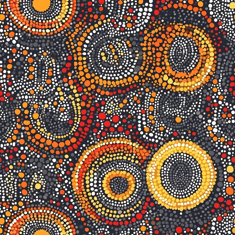 orange, red, yellow, white, gray, black, circles, dots, concentric rings, aboriginal art, indigenous design, dot painting, spiral patterns, geometric motifs, earthy tones, warm colors,, fabric panel, australian aboriginal, pointillism style, radiating circles, tribal art, contemporary aboriginal