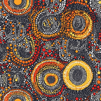 orange, red, yellow, white, gray, black, circles, dots, concentric rings, aboriginal art, indigenous design, dot painting, spiral patterns, geometric motifs, earthy tones, warm colors,, fabric panel, australian aboriginal, pointillism style, radiating circles, tribal art, contemporary aboriginal
