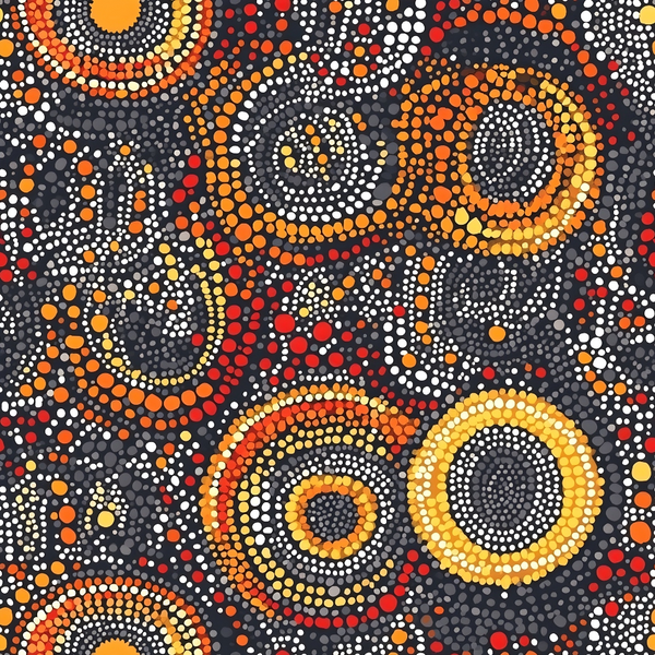 orange, red, yellow, white, gray, black, circles, dots, concentric rings, aboriginal art, indigenous design, dot painting, spiral patterns, geometric motifs, earthy tones, warm colors,, fabric panel, australian aboriginal, pointillism style, radiating circles, tribal art, contemporary aboriginal