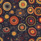 aboriginal art, dot painting, concentric circles, radial patterns, dark navy background, orange accents, yellow highlights, red details, white dots, geometric design, indigenous motifs, tribal patterns,, fabric panel, earth tones, circular medallions, pointillism style, australian aboriginal, sacred symbols, contemporary indigenous