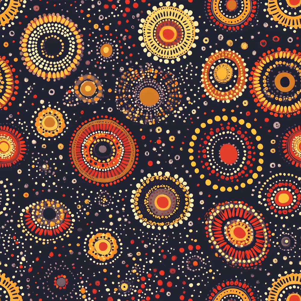 aboriginal art, dot painting, concentric circles, radial patterns, dark navy background, orange accents, yellow highlights, red details, white dots, geometric design, indigenous motifs, tribal patterns,, fabric panel, earth tones, circular medallions, pointillism style, australian aboriginal, sacred symbols, contemporary indigenous