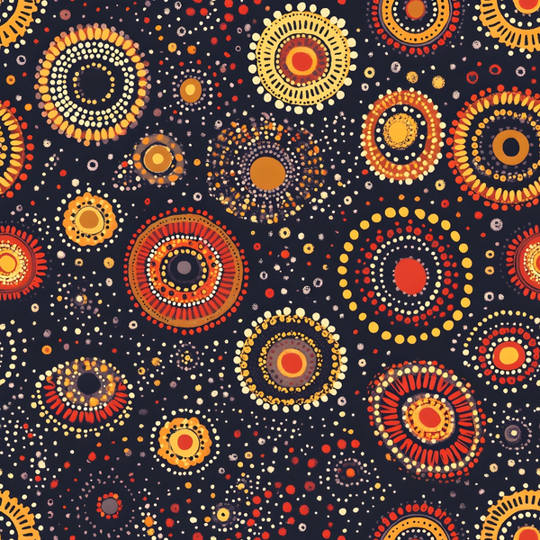 aboriginal art, dot painting, concentric circles, radial patterns, dark navy background, orange accents, yellow highlights, red details, white dots, geometric design, indigenous motifs, tribal patterns,, fabric panel, earth tones, circular medallions, pointillism style, australian aboriginal, sacred symbols, contemporary indigenous