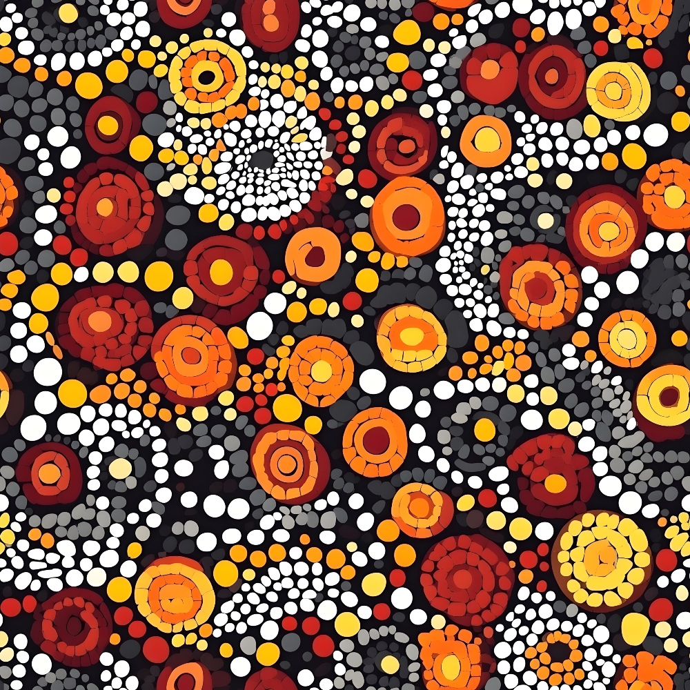 aboriginal art, circles, dots, concentric rings, geometric pattern, black background, orange, red, yellow, white, grey, warm colors, indigenous design, dotwork, circular motifs, contemporary aboriginal,, fabric panel, earth tones, cultural pattern