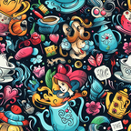 whimsical, alice in wonderland, teapots, teacups, roses, hearts, butterflies, red-haired girl, swirling patterns, turquoise, coral pink, golden yellow, navy blue, orange, cartoon style, fantasy characters, floral elements,, fabric panel, wonderland theme, playful design, colorful illustration