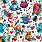 teal, red, pink, orange, purple, teacups, teapots, alice character, butterflies, hearts, whimsical pattern, abstract style, fantasy theme,, fabric panel, mad hatter hat, playing cards, swirls, decorative elements, colorful illustration