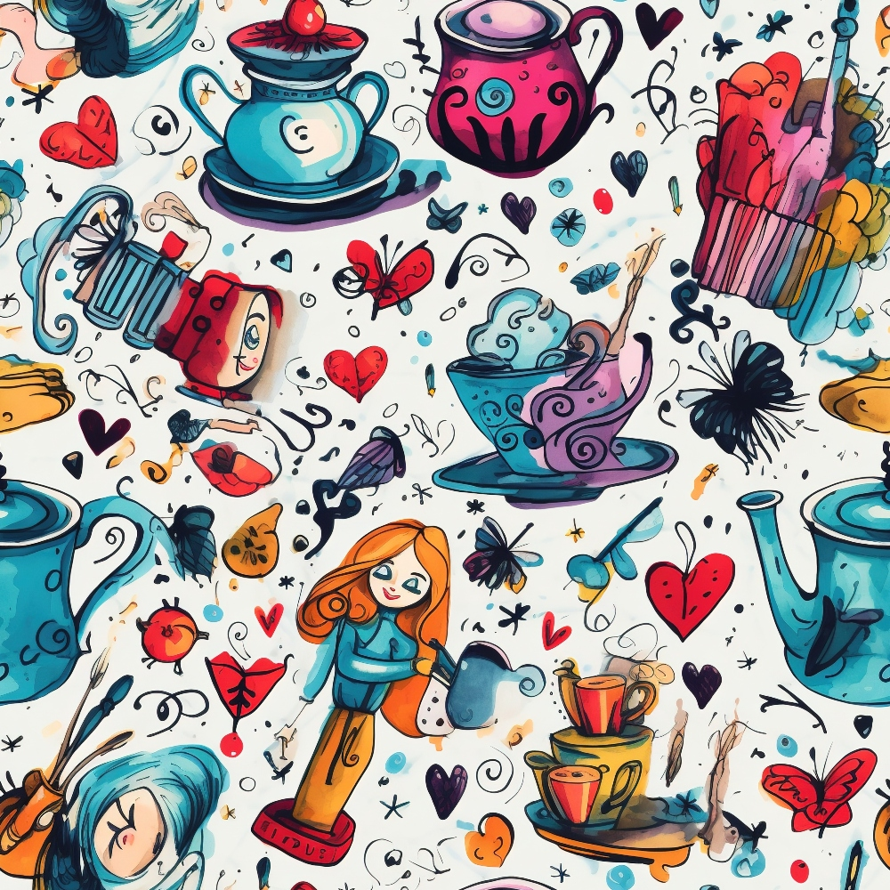 teal, red, pink, orange, purple, teacups, teapots, alice character, butterflies, hearts, whimsical pattern, abstract style, fantasy theme,, fabric panel, mad hatter hat, playing cards, swirls, decorative elements, colorful illustration