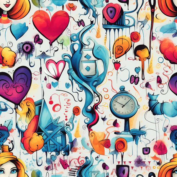 vibrant colors, red hearts, blue teapots, orange florals, purple butterflies, pocket watch, whimsical characters, abstract swirls, rainbow palette, alice wonderland theme, fantasy motifs,, fabric panel, playful design, storybook elements, colorful drips, artistic style, children's theme, bright pastels, fairytale inspired