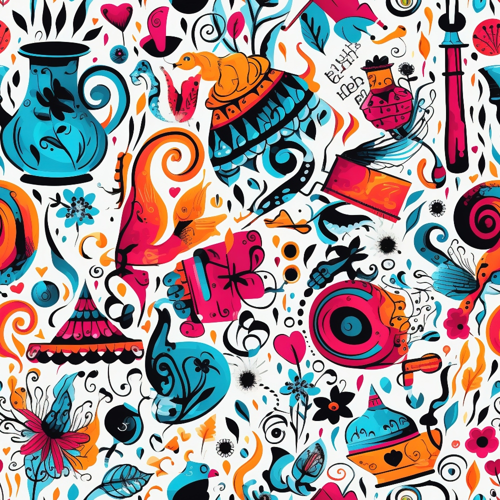 turquoise, magenta, orange, black, white, abstract pattern, whimsical design, teapots, teacups, playing cards, hearts, swirls, florals, fantasy elements, alice in wonderland, mad hatter hat,, fabric panel, colorful motifs, decorative vessels