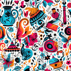 turquoise, magenta, orange, black, white, abstract pattern, whimsical design, teapots, teacups, playing cards, hearts, swirls, florals, fantasy elements, alice in wonderland, mad hatter hat,, fabric panel, colorful motifs, decorative vessels