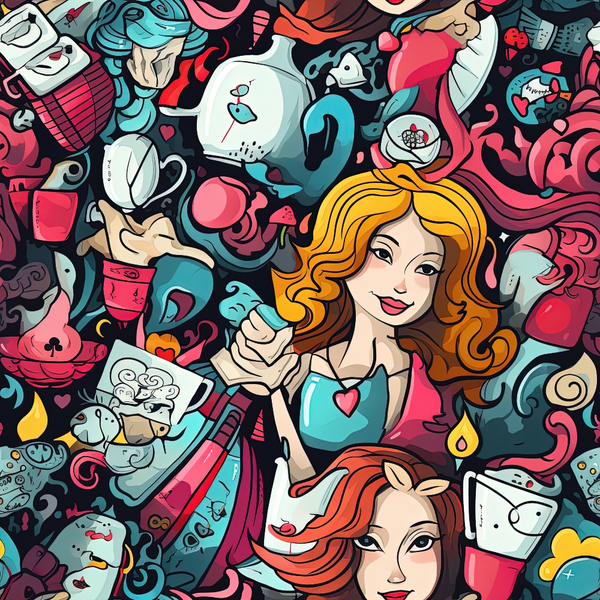 alice in wonderland, abstract pattern, whimsical illustration, cartoon style, blonde girl, red hair character, teacups, teapots, playing cards, hearts motif, curly hair, colorful design, teal blue, coral pink, orange yellow, white accents, fantasy theme, storybook characters,, fabric panel, children's motif, magical theme