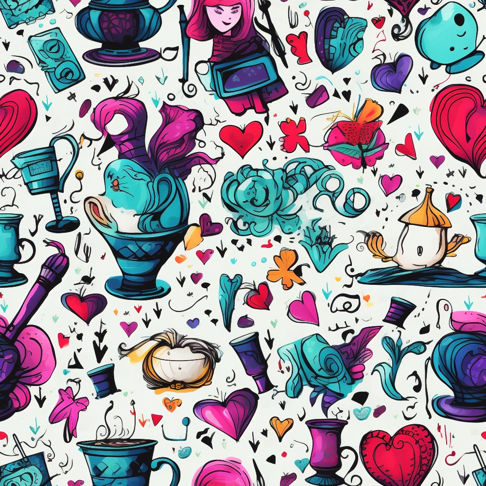 turquoise, magenta, purple, coral, alice in wonderland, teacups, teapots, roses, hearts, butterflies, whimsical characters, abstract art, fantasy theme,, fabric panel, playful pattern, wonderland motifs, tea party elements, storybook design, vibrant colors