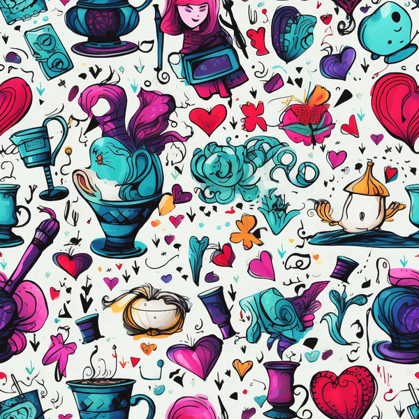 turquoise, magenta, purple, coral, alice in wonderland, teacups, teapots, roses, hearts, butterflies, whimsical characters, abstract art, fantasy theme,, fabric panel, playful pattern, wonderland motifs, tea party elements, storybook design, vibrant colors