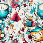 abstract design, alice in wonderland, whimsical pattern, teal blue, coral pink, orange accents, teacups, top hats, pocket watches, mad hatter theme, swirling motifs, fantasy elements,, fabric panel, playful illustration, storybook inspired, tea party motifs, wonderland characters, artistic swirls, colorful splashes