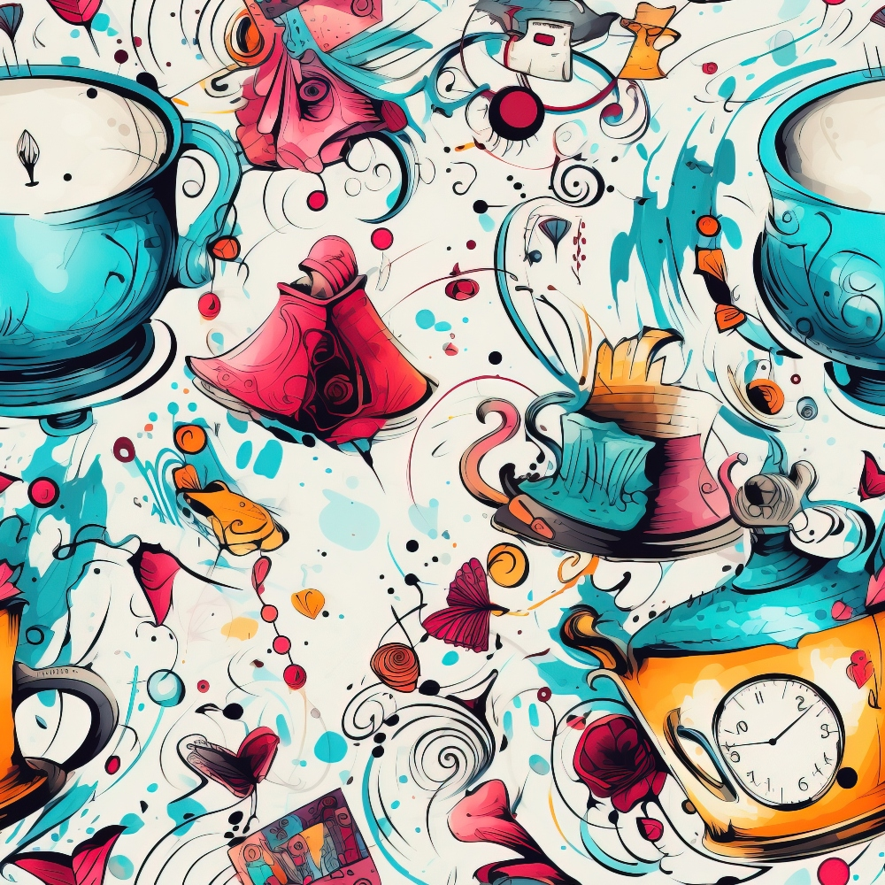 abstract design, alice in wonderland, whimsical pattern, teal blue, coral pink, orange accents, teacups, top hats, pocket watches, mad hatter theme, swirling motifs, fantasy elements,, fabric panel, playful illustration, storybook inspired, tea party motifs, wonderland characters, artistic swirls, colorful splashes