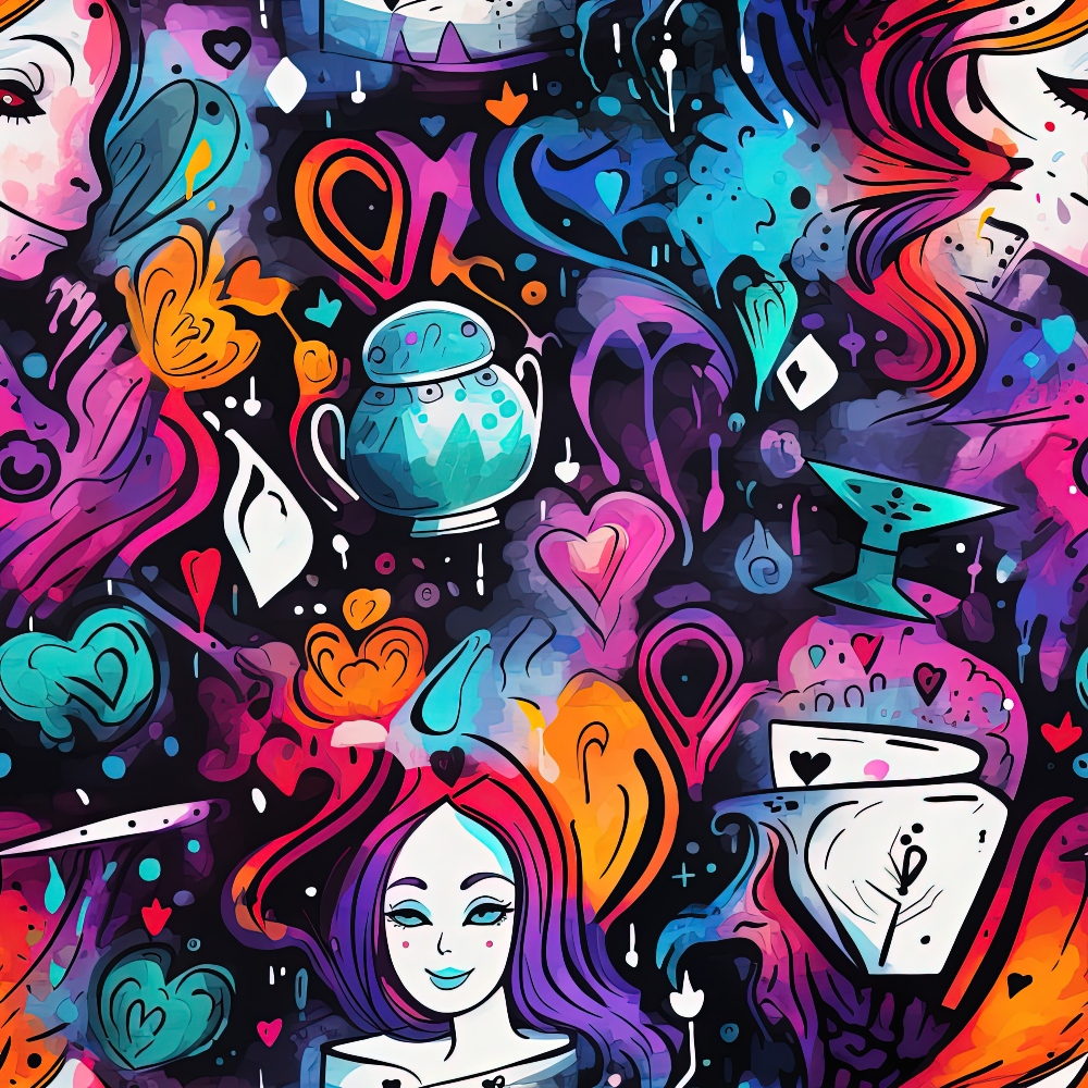 abstract pattern, alice in wonderland, whimsical characters, teacups, playing cards, hearts, swirling designs, vibrant colors, pink, purple, blue, orange, teal, fantasy theme, dreamlike, psychedelic style,, fabric panel, colorful artwork, magical motifs
