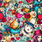 abstract pattern, alice in wonderland, whimsical characters, mad hatter, teacups, roses, hearts, bright colors, turquoise, magenta, orange, yellow, red, green, fantasy illustration, storybook theme,, fabric panel, colorful design, cartoon style