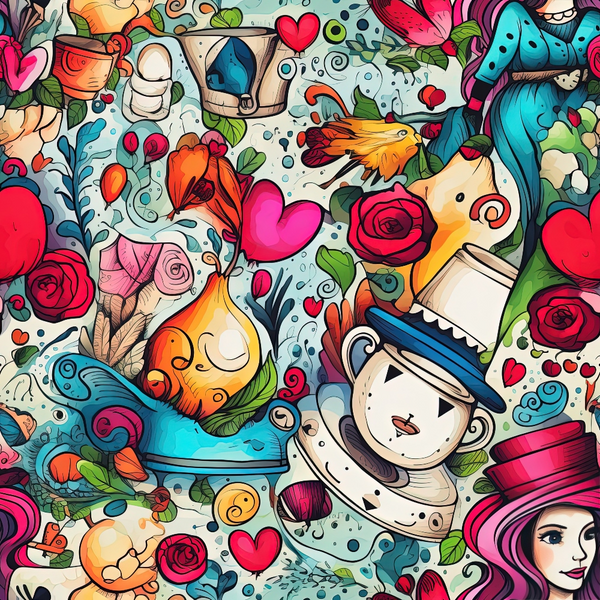 abstract pattern, alice in wonderland, whimsical characters, mad hatter, teacups, roses, hearts, bright colors, turquoise, magenta, orange, yellow, red, green, fantasy illustration, storybook theme,, fabric panel, colorful design, cartoon style