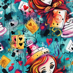 turquoise, teal, coral, red, yellow, pink, white, black, alice in wonderland, playing cards, hearts, clubs, spades, abstract watercolor, whimsical characters, fantasy theme, grunge splatter, artistic drips, cotton fabric, quilting panel, vibrant colors, storybook illustration, wonderland motifs