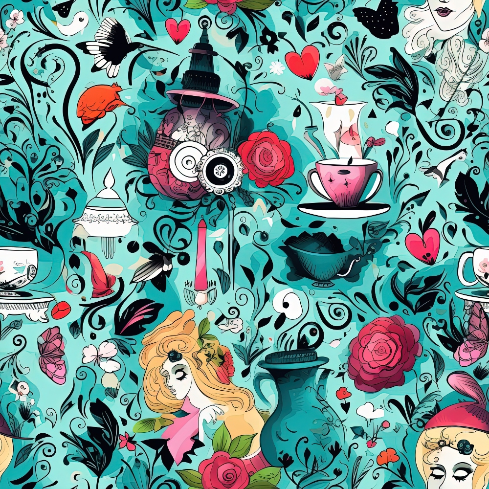 turquoise, teal, coral pink, red hearts, roses, teacups, teapots, alice in wonderland, whimsical characters, blonde girl, decorative swirls, fantasy elements, birds, floral motifs, abstract pattern,, fabric panel, magical theme, storybook style, ornate details