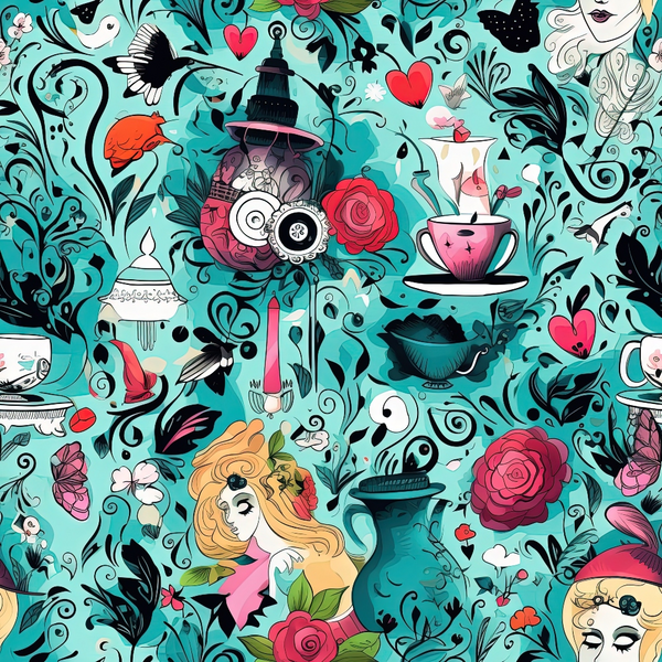 turquoise, teal, coral pink, red hearts, roses, teacups, teapots, alice in wonderland, whimsical characters, blonde girl, decorative swirls, fantasy elements, birds, floral motifs, abstract pattern,, fabric panel, magical theme, storybook style, ornate details