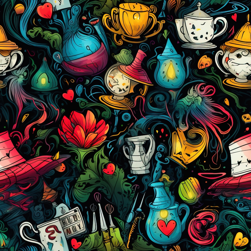 teacups, teapots, witch hat, red hearts, turquoise blue, orange yellow, vibrant colors, whimsical fantasy, alice in wonderland, abstract swirls, magical elements,, fabric panel, colorful illustration, fantasy characters, tea party theme, swirling patterns, bright artwork, cotton fabric, wonderland motifs