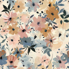 blush pink, dusty blue, warm beige, sage green, abstract flowers, watercolor style, floral pattern, botanical design, meadow blooms, soft petals, delicate leaves,, fabric panel, spring theme, painterly effect, muted tones, scattered florals, artistic blooms, gentle mood, contemporary floral