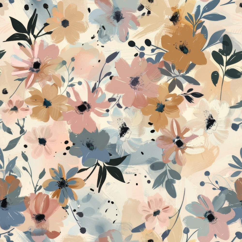 blush pink, dusty blue, warm beige, sage green, abstract flowers, watercolor style, floral pattern, botanical design, meadow blooms, soft petals, delicate leaves,, fabric panel, spring theme, painterly effect, muted tones, scattered florals, artistic blooms, gentle mood, contemporary floral
