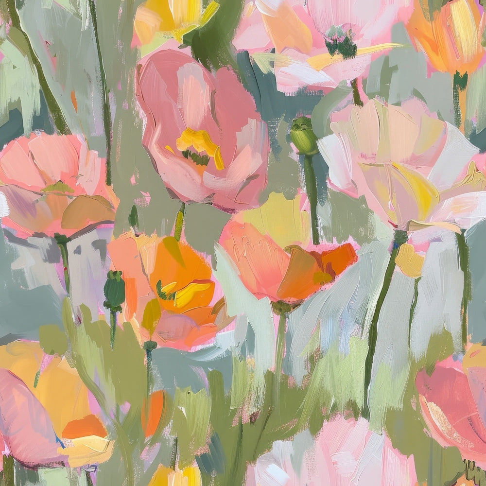 abstract poppies, floral painting, pink flowers, coral blooms, yellow centers, green stems, sage background, brushstroke style, impressionistic art, spring garden, botanical design,, fabric panel, loose painterly, soft pastels, watercolor effect, meadow flowers, artistic florals