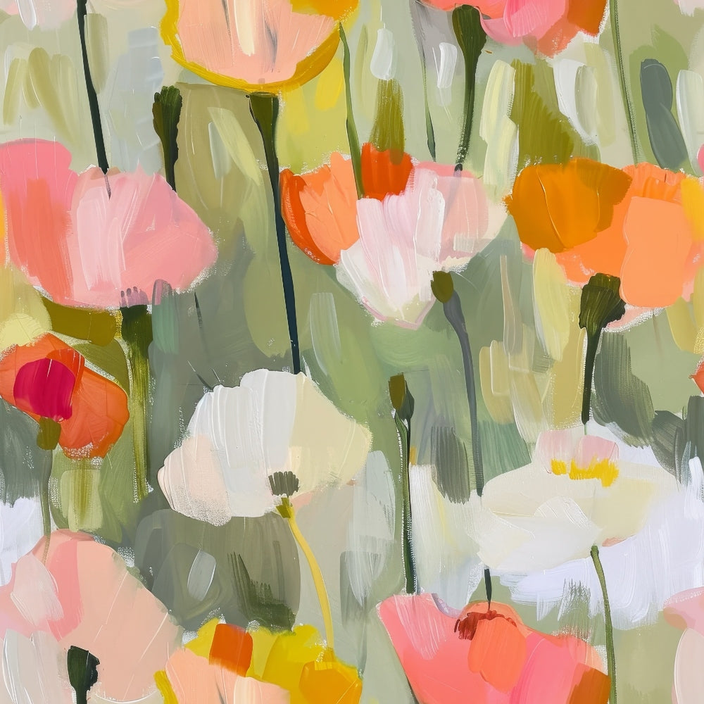 coral pink, sage green, white flowers, orange blooms, yellow accents, abstract poppies, painterly style, floral pattern, brushstroke texture, contemporary art, spring flowers, soft pastels, botanical design,, fabric panel, artistic florals, modern painting, garden blooms, watercolor effect