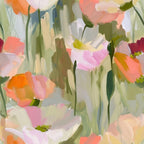 abstract floral, poppy flowers, painterly style, coral pink, peach orange, sage green, lavender purple, white blooms, artistic brushstrokes, impressionistic, botanical design, garden flowers, soft pastels,, fabric panel, spring blooms, watercolor effect, flowing stems, delicate petals, modern floral