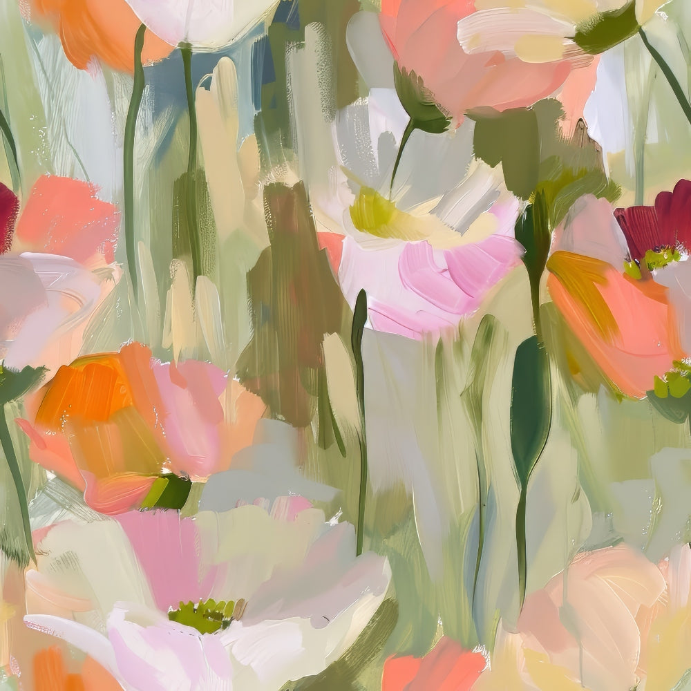 abstract floral, poppy flowers, painterly style, coral pink, peach orange, sage green, lavender purple, white blooms, artistic brushstrokes, impressionistic, botanical design, garden flowers, soft pastels,, fabric panel, spring blooms, watercolor effect, flowing stems, delicate petals, modern floral