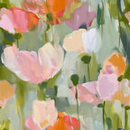 abstract poppies, floral painting, pink flowers, orange blooms, green stems, soft pastels, brushstroke texture, artistic florals, spring garden, watercolor style,, fabric panel, botanical art, impressionistic, dreamy atmosphere, delicate petals, nature inspired, contemporary floral