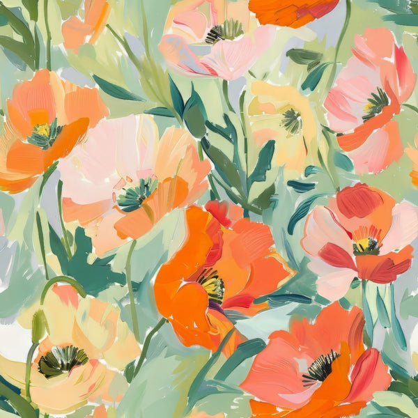 coral, orange, pink, peach, sage green, mint, yellow, abstract poppies, floral pattern, painterly style, brushstroke texture, blooming flowers, spring blooms, artistic florals,, fabric panel, watercolor effect, botanical design, garden flowers, soft pastels