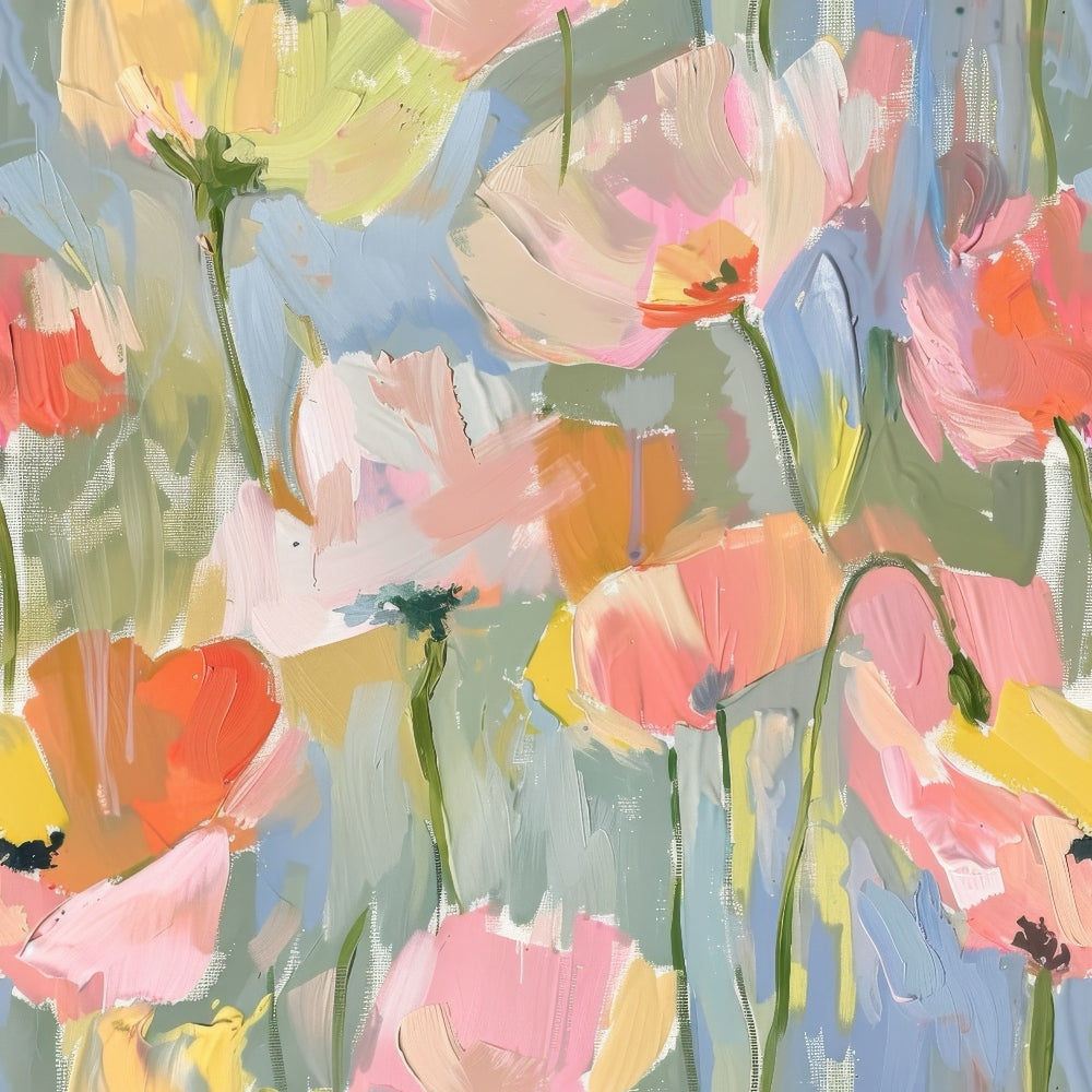 abstract poppies, floral painting, soft pastels, pink flowers, coral blooms, yellow petals, blue background, green stems, painterly style, impressionistic art, spring flowers, botanical design, artistic brushstrokes,, fabric panel, contemporary floral, watercolor effect, garden flowers, feminine colors, modern art style