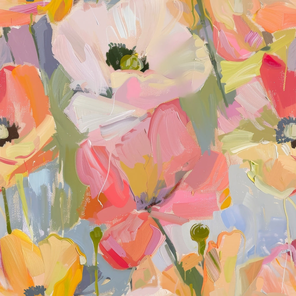 abstract poppies, floral pattern, painterly style, coral pink, soft white, sage green, yellow ochre, orange blooms, artistic brushstrokes, impressionistic flowers,, fabric panel, spring florals, watercolor effect, botanical design, pastel palette, contemporary art, flower garden, textile design