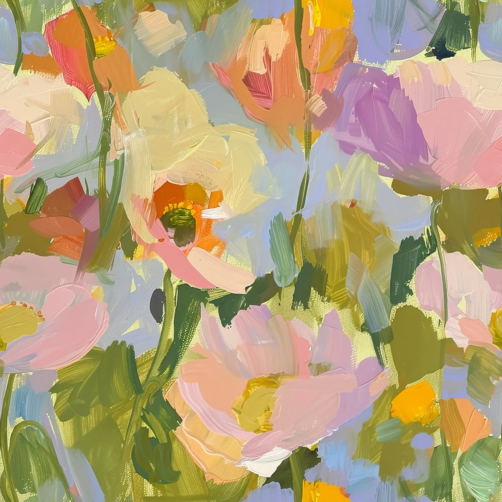 abstract poppies, floral painting, pink flowers, purple blooms, orange petals, yellow accents, green stems, lavender hues, peach tones, brushstroke style, impressionistic art, botanical design, spring flowers, artistic florals,, fabric panel, painterly effect, soft pastels, garden blooms