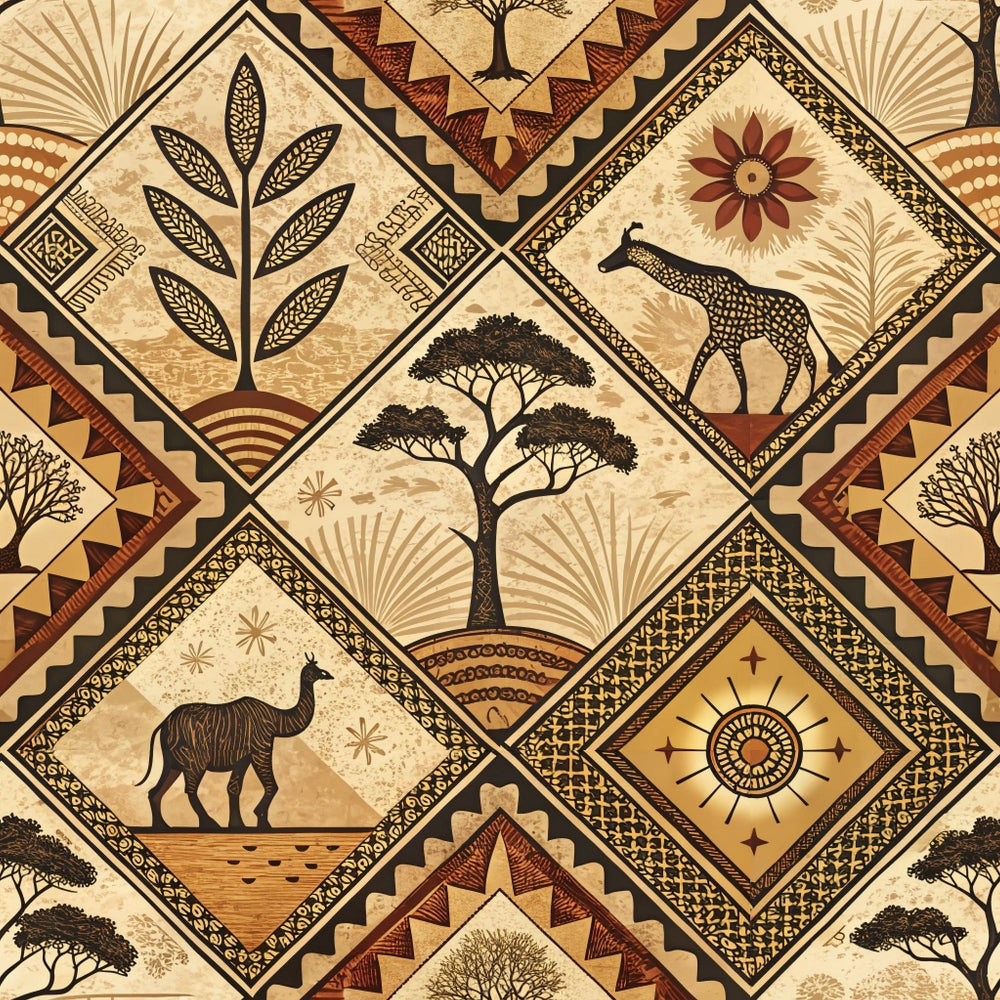 african inspired, mud cloth, geometric patterns, diamond shapes, giraffe, acacia trees, botanical motifs, earth tones, beige, brown, terracotta, tribal designs, safari animals,, fabric panel, line art, ethnic patterns, nature scenes, warm colors, decorative borders