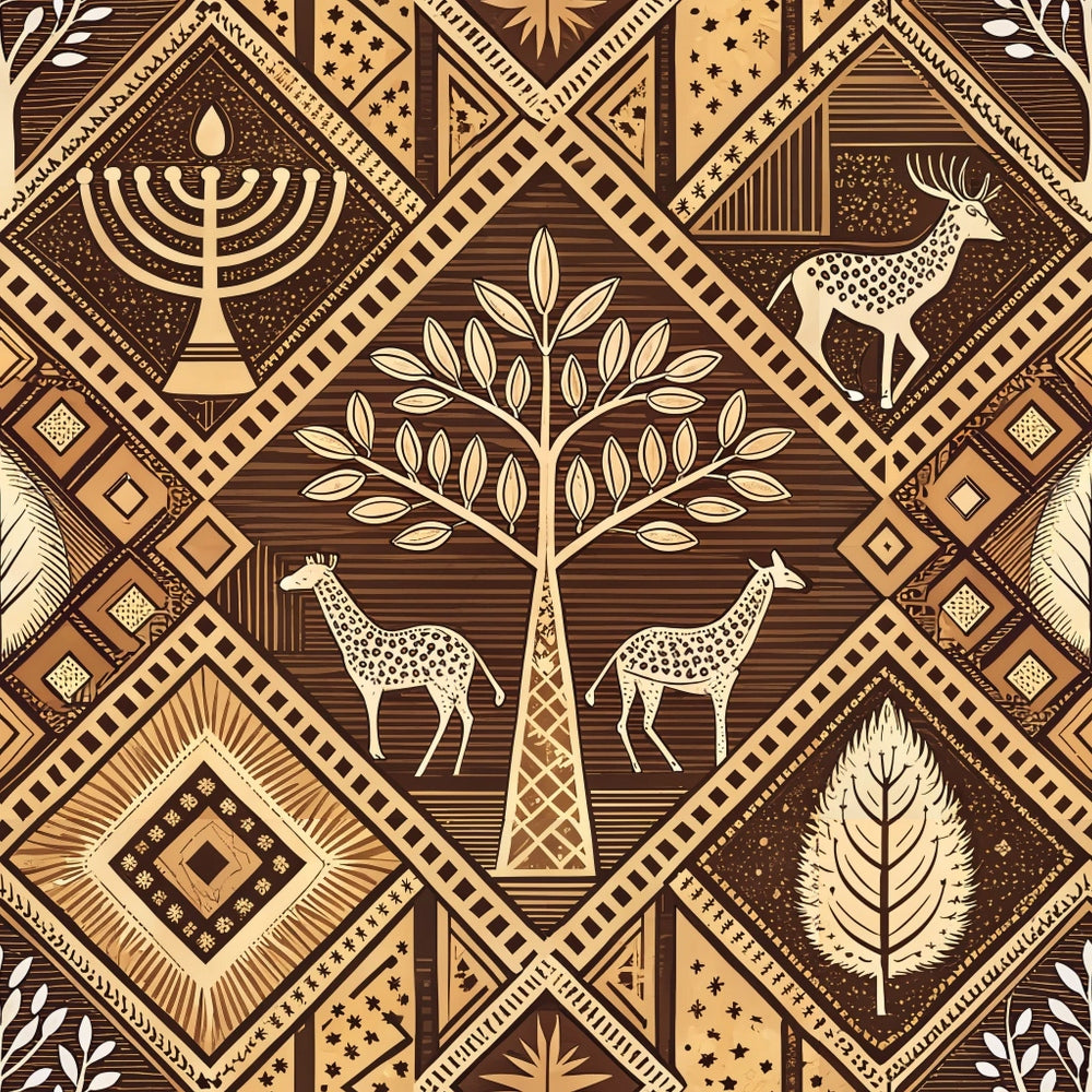brown, tan, beige, cream, geometric patterns, diamond shapes, tribal motifs, menorah, tree of life, giraffes, deer, stag, feather, leaf designs, african inspired, mud cloth style, line art,, fabric panel, earth tones, natural elements, wildlife silhouettes