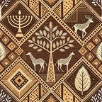 brown, tan, beige, cream, geometric patterns, diamond shapes, tribal motifs, menorah, tree of life, giraffes, deer, stag, feather, leaf designs, african inspired, mud cloth style, line art,, fabric panel, earth tones, natural elements, wildlife silhouettes