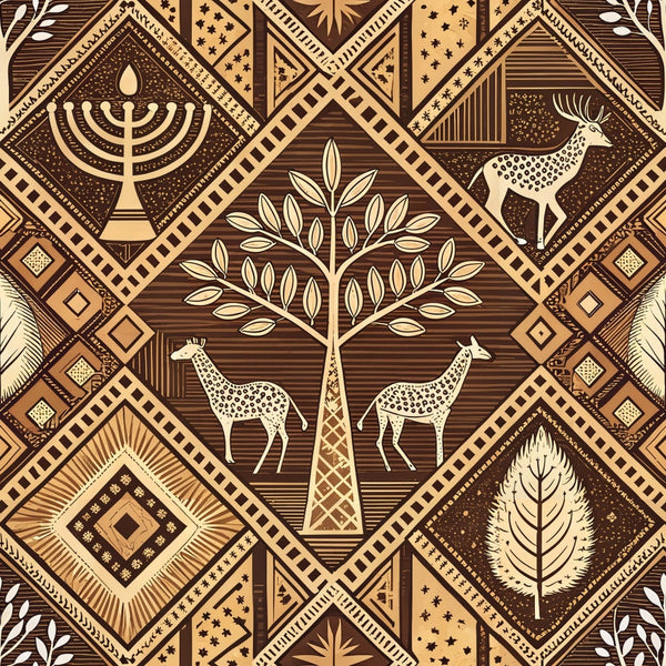 brown, tan, beige, cream, geometric patterns, diamond shapes, tribal motifs, menorah, tree of life, giraffes, deer, stag, feather, leaf designs, african inspired, mud cloth style, line art,, fabric panel, earth tones, natural elements, wildlife silhouettes