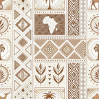 brown, cream, beige, geometric patterns, african motifs, mud cloth design, line art, tribal patterns, diamond shapes, continental silhouette, botanical elements, palm trees, abstract designs,, fabric panel, earthy tones, ethnic patterns, repetitive motifs, cultural artwork, decorative blocks